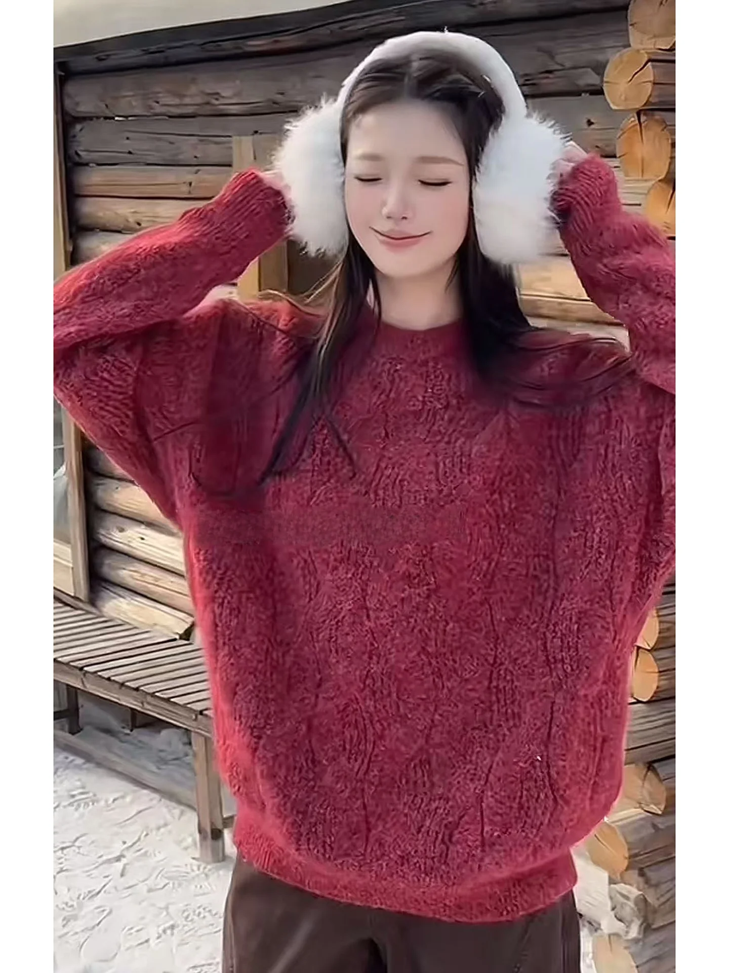 

Мужской вязаный свитер Cleanfit Red с круглым вырезом, зимний, утепленный, с узором «косы», теплый, молодежный