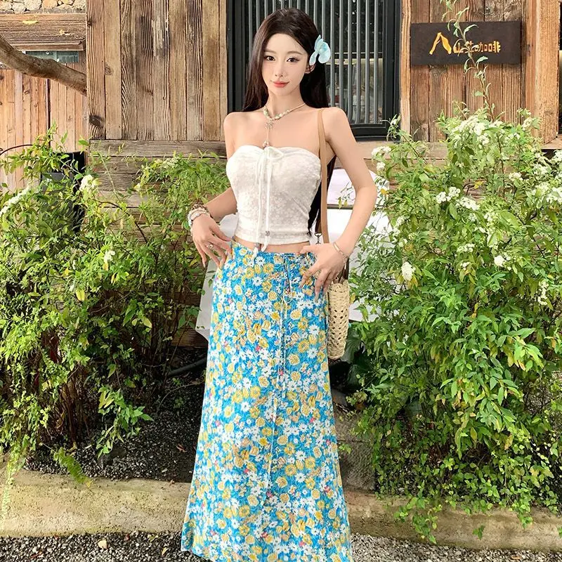 

Hot Girl Summer White ter Floral f Skirt Tee-piece Set Swimming Suit Women's Bikini Strapl Steel Plate Free Pad