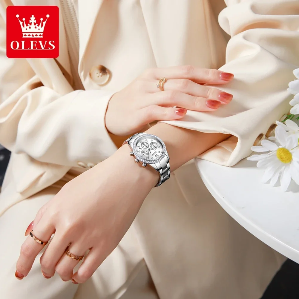 OLEVS 9909 Quartz Watch for Women Luxury Elegant Multifunctional  Wristwatch Chronograph Waterproof High Quality Lady Watch Gift