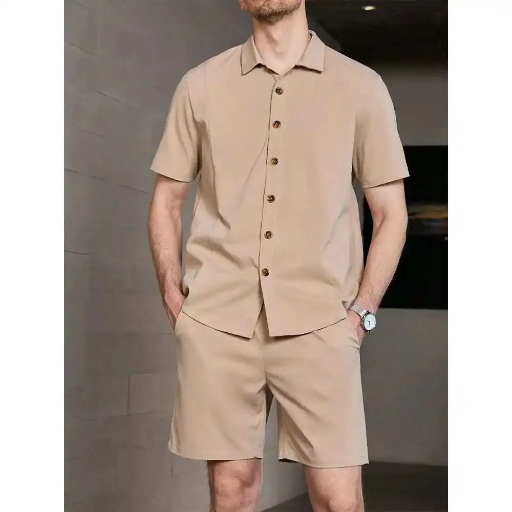 

Men's Collar ort Sve irt orts Set Casual Sportswear Summer Five-Quarter Cotton Lyocell Blend Youth Faion
