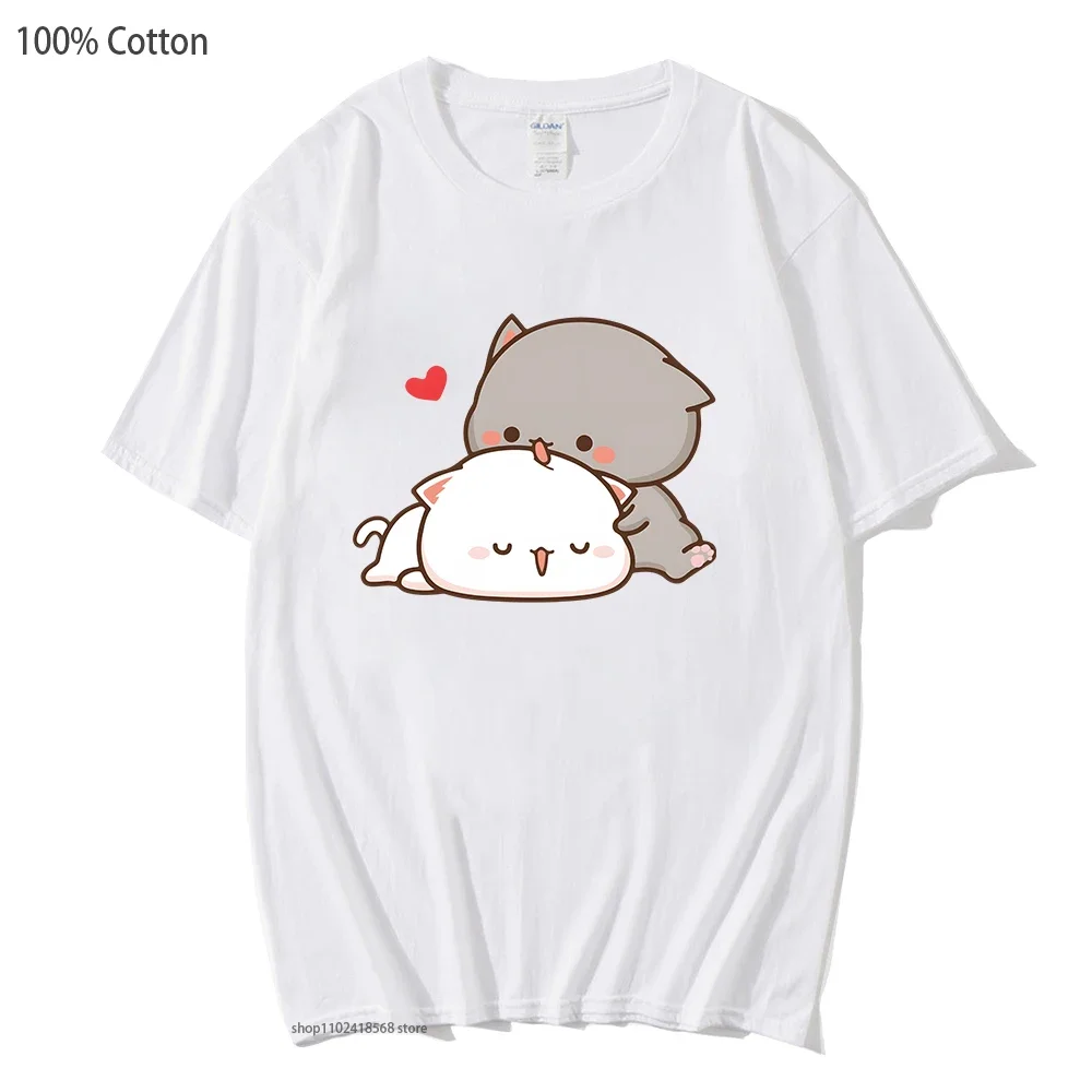 Cartoon Mochi Shirt Peach Cat Tshirts Peachcat Female Clothing Harajuku Short Sleeve Oversized 100% Cotton Tees Kawaii Girls Top