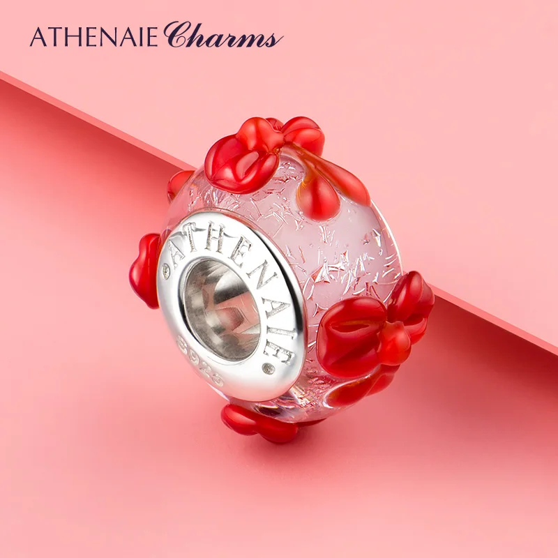 

ATHENAIE Red Bow Murano Glass Charm Bead, 925 Sterling Silver Core, Romantic Gift for Girlfriend Wife, Valentine's Day