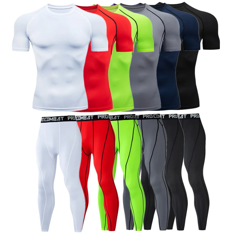 

Men Short Sleeve T Shirts Base Layer Leggings Pant Tight Fitness Running Trousers Jersey Training Top Boy Compression Sports Set