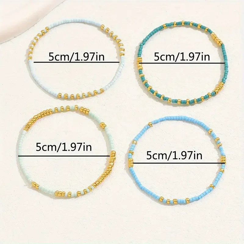 4 PCS Turquoise Color Seedbeads Stretch Bracelet Set Bohemia Gold Color Glassbeads Elastic Handmade Girls Vacation Jewelry