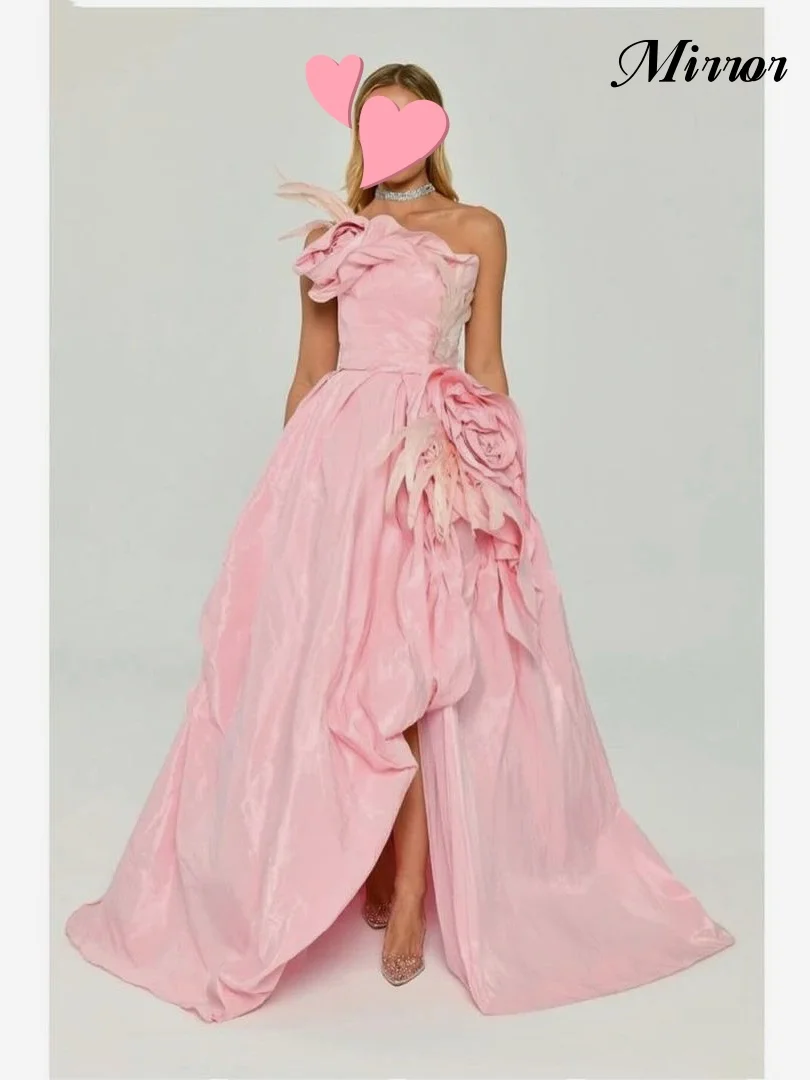 Spiegel Jurk Elegante Vintage Zoete Roze Bloemen Veren Ruche Aanpassen Formele Gelegenheid Prom Jurk Avondfeest Jurken