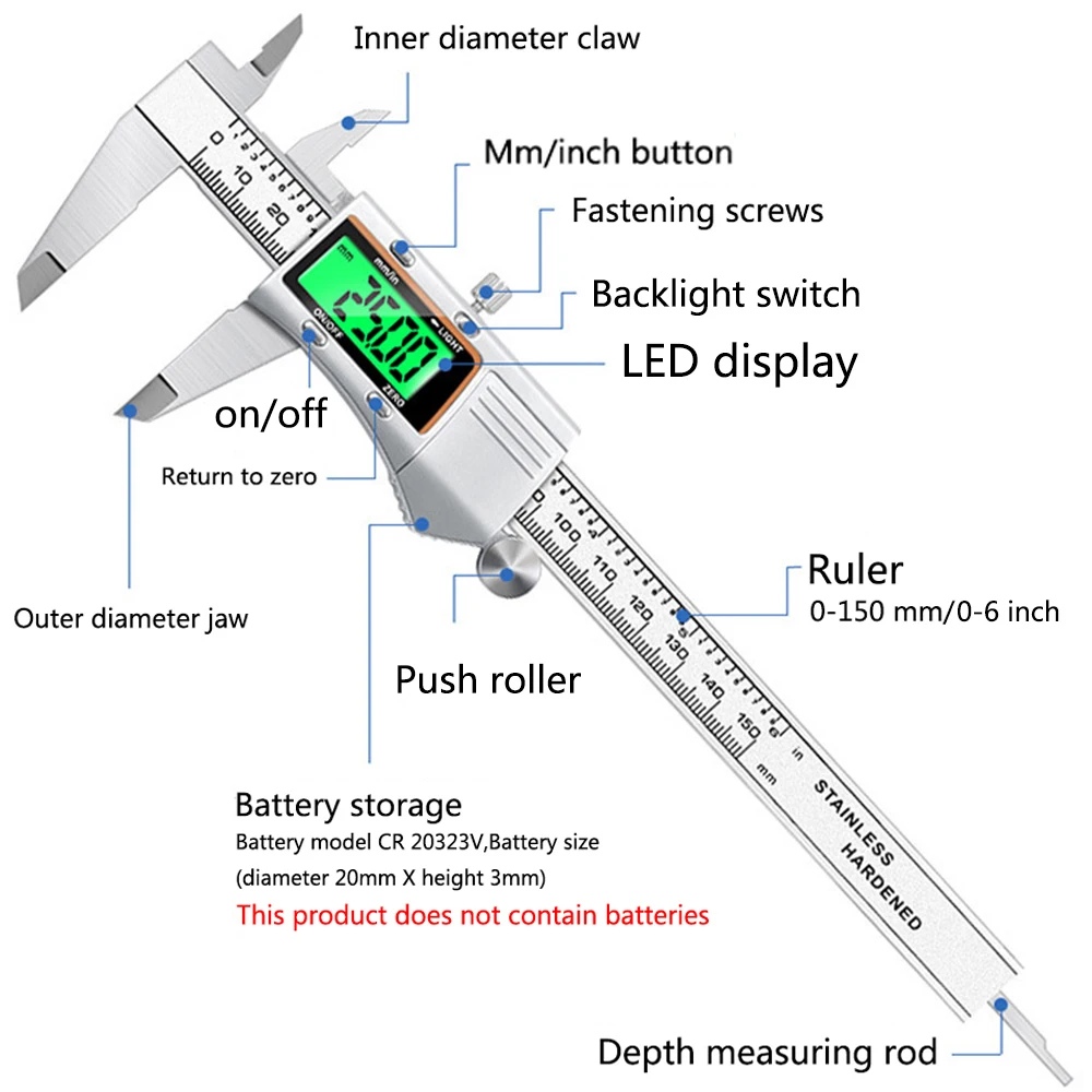 0-150mm Digital Vernier Caliper Measuring Tool Stainless Steel Metal Electronic Digital Display Caliper With Backlight Screen