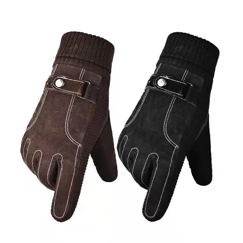 Leather Gloves for Men Winter Cycling Pig Skin Gloves Warm Fleece Business Thick Touch Screen Outdoor Motorcycle Non-slip Gloves