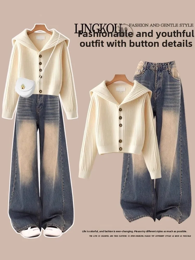 

Sweetlooking Antiaging Knitted Sweater Highwaist Slimming Wideleg Jeans Set Women Twopeice Autumn Fashion Ensemble