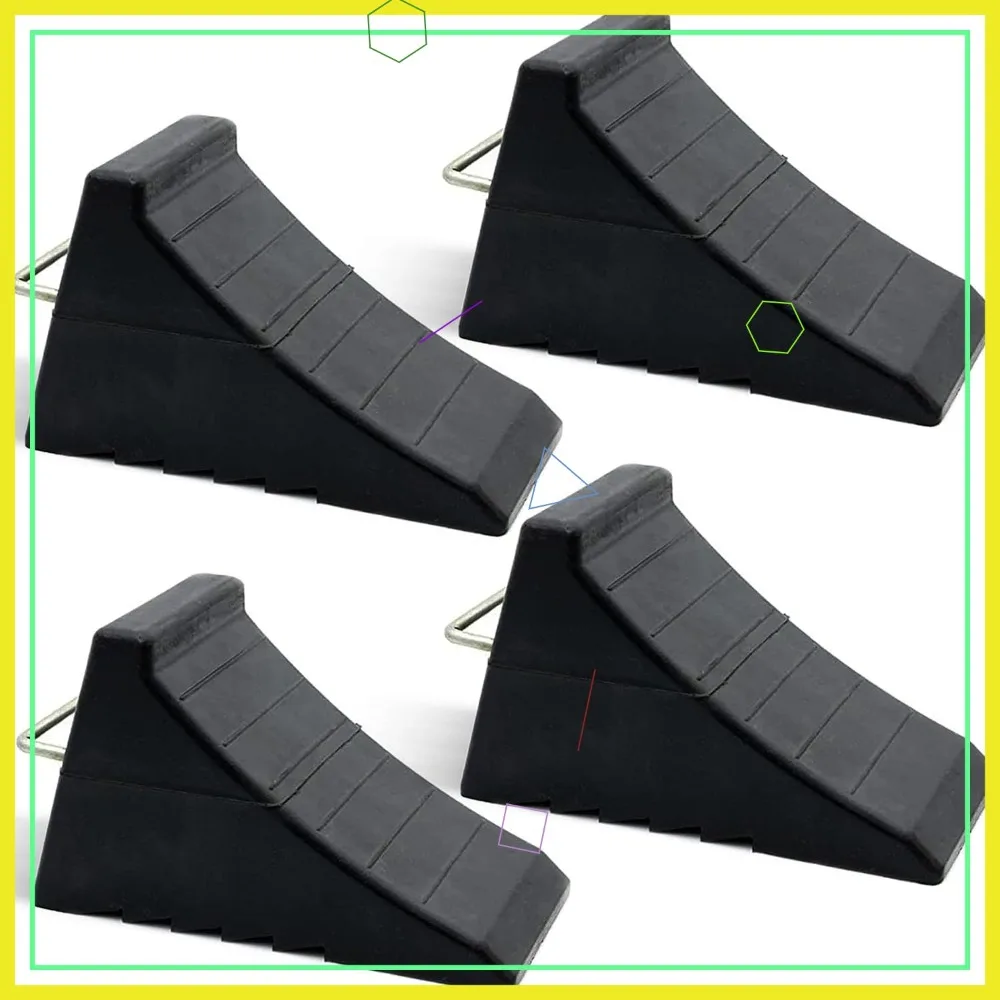 

Heavy Duty Rubber Wheel Chocks with Steel Tie Off Handles - 4 Pack for RV, Trailer, Truck, Car