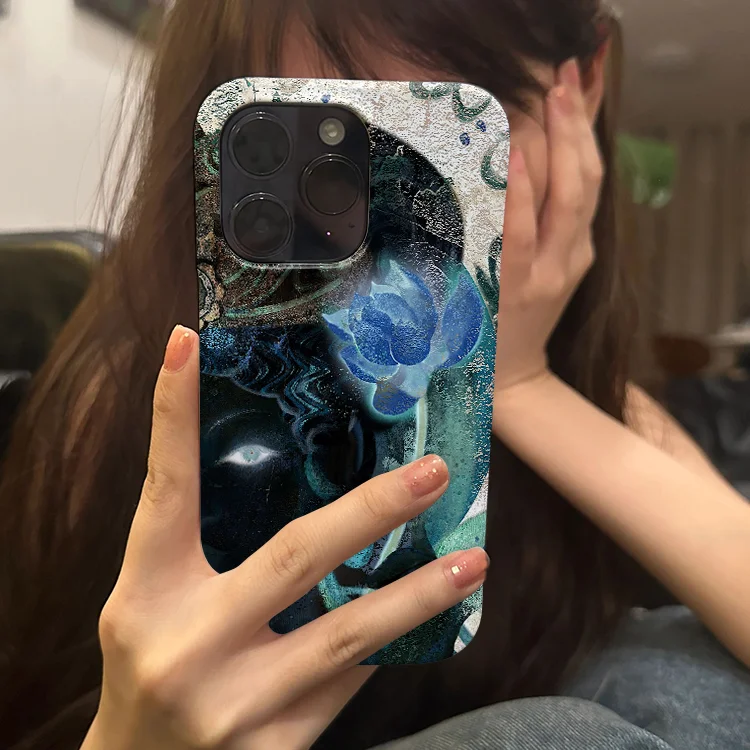Artistic INS Style Budda Head & Lotus Flower Sacred Luck Phone Case for iPhone 16 15 14 11 12 13 Pro Max Plus X Xs XR 7 8 Cover