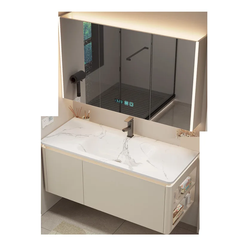 

High-end hot curved rock slab integrated basin, bathroom cabinet combination, modern simple bathroom, washstand, wash basin