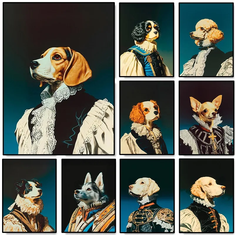 Humor Royal Dog Portrait Poster Funny Animal Vintage Canvas Painting Wall Art Picture for Living Room Home Decor Mural Pet Gi