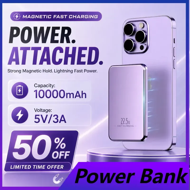 20000mAh 5V Portable Magnetic Power Bank for IPhone/Samsung/Huawei/Xiaomi/Oppo/Vivo/OnePlus Mini Compact Fast Charging Mobile