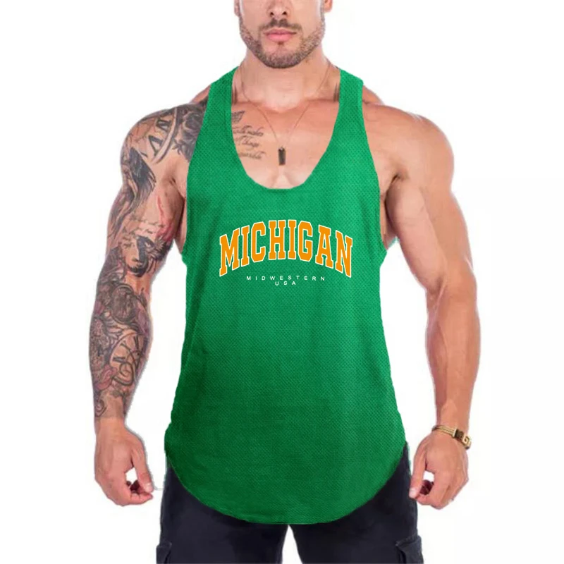 Bodybuilding Sport Tank Tops dos homens, malha sem mangas, secagem rápida, Y camisa traseira, correndo coletes, ginásio Fitness coletes, Running camisa, North Midwestern, EUA