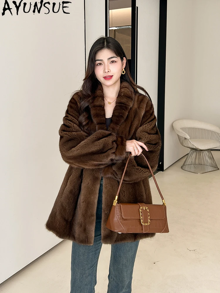 AYUNSUE-abrigo de piel de visón de terciopelo Natural para Mujer, abrigos elegantes de visón entero para Mujer, ropa de invierno de alta calidad, Abrigo para Mujer