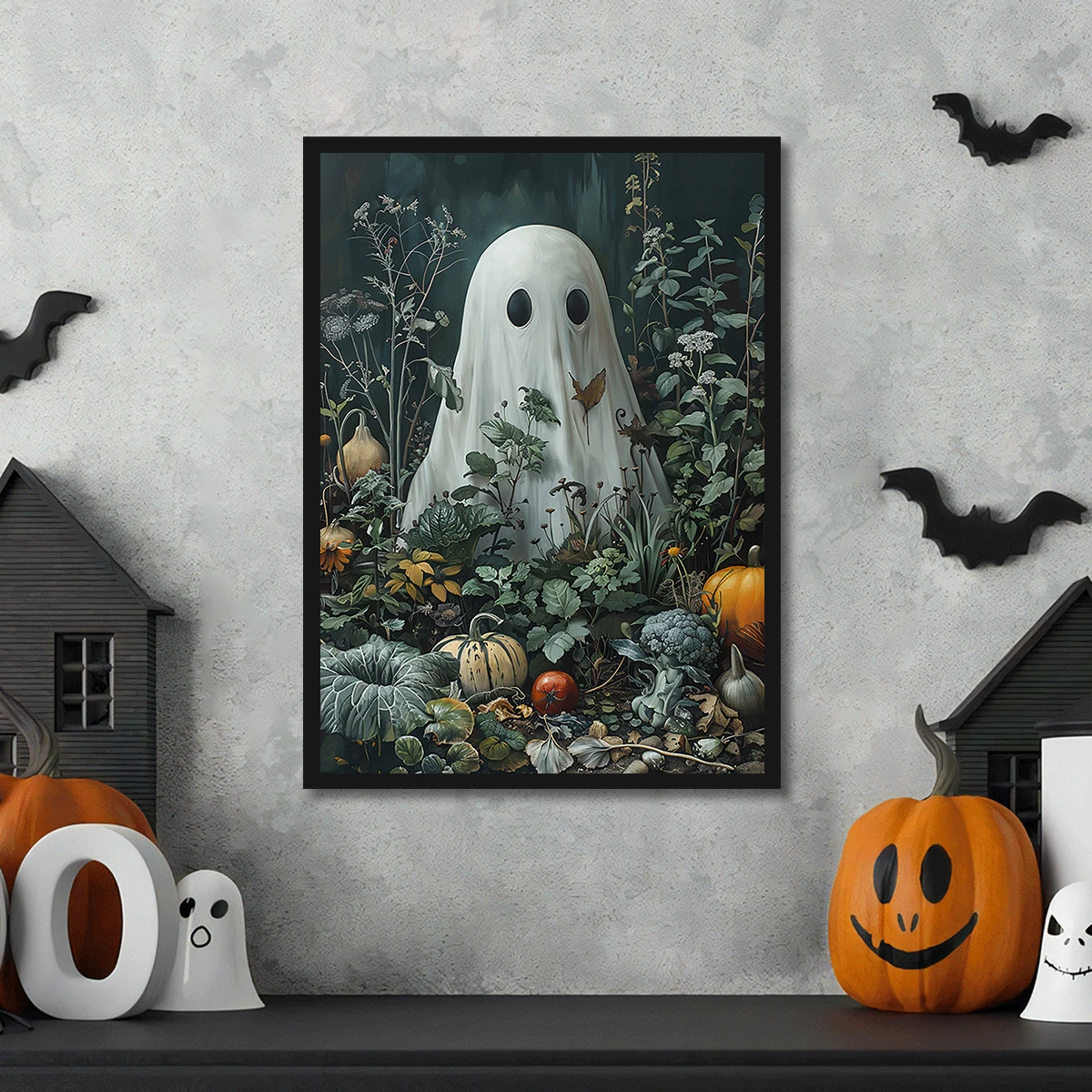 Abstract Cute Ghost in The Vegetable Field Canvas Prints Pumpkin Plant Wall Art Poster for Living Room Halloween  & Home Decor