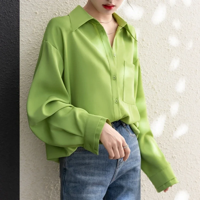 

Spring Autumn Elegant Green Women's Blouse 2025 New One Pocket Long Sleeve Korean Casual Loose Office Lady Shirts Female