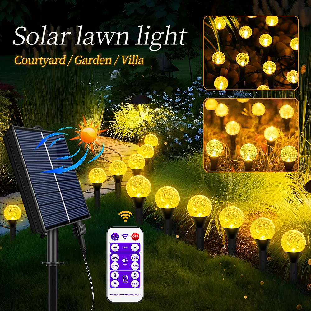 

Solar Outdoor Fairy Lights with 8 Modes, Warm White Globe Waterproof Stake Lamp, Mini Crystal Bubble Decorative for Yard Pathway