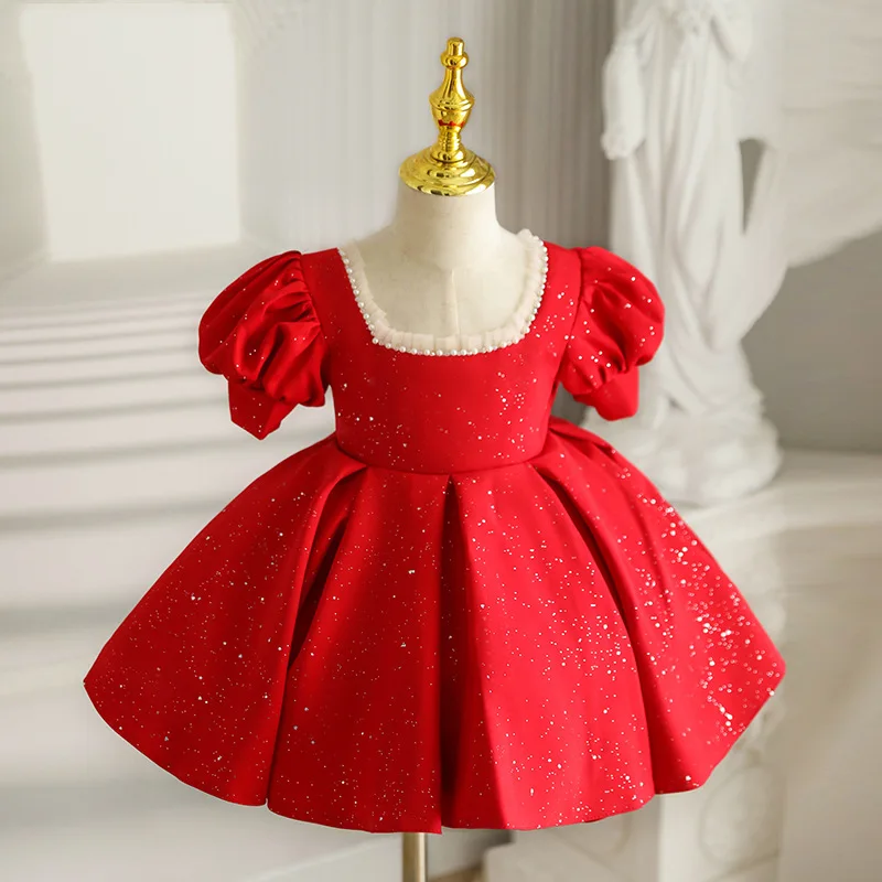 Baby First Birthday Red Dress Newborn Infant Girls Baptism Christmas Party Luxury Dresses Children Lolita Sequins Ball Gown