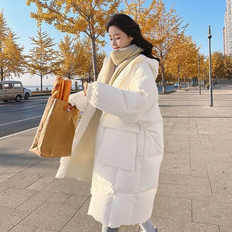 Women Elegant Long Puffer Coat No Removable Hood Drawstring Waist Warm Thick Winter Casual Down Jacket Outerwear with Pockets