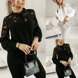 New Vintage White Lace Blouse Shirts Women 2025 Spring Fashion Button Loose Shirt Top Female Hollow Casual Ladies Blouses Blusas