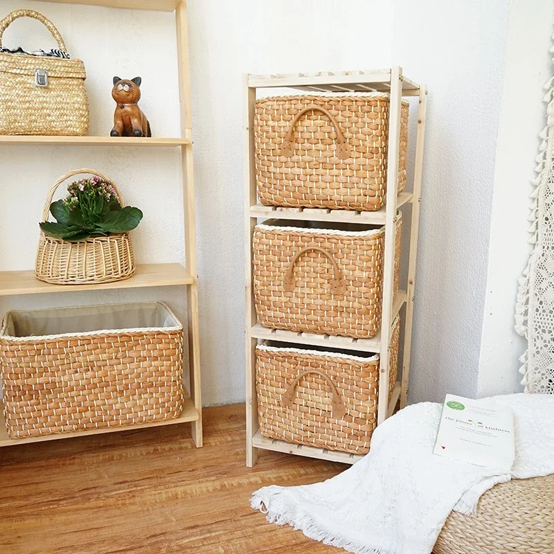 

Woven Storage Baskets Corn Husk Weaving Basket Organzier with Handle Clothes Toy Storage Box Closet Wardrobe Organizer Organiser