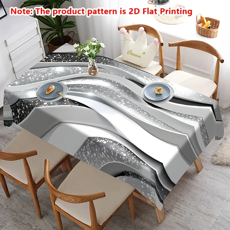 1Pc Modern Abstract Wave Design Tablecloth Silver Gray 3D Illusion Print Table Cover For Dining Room Kitchen Decor Re