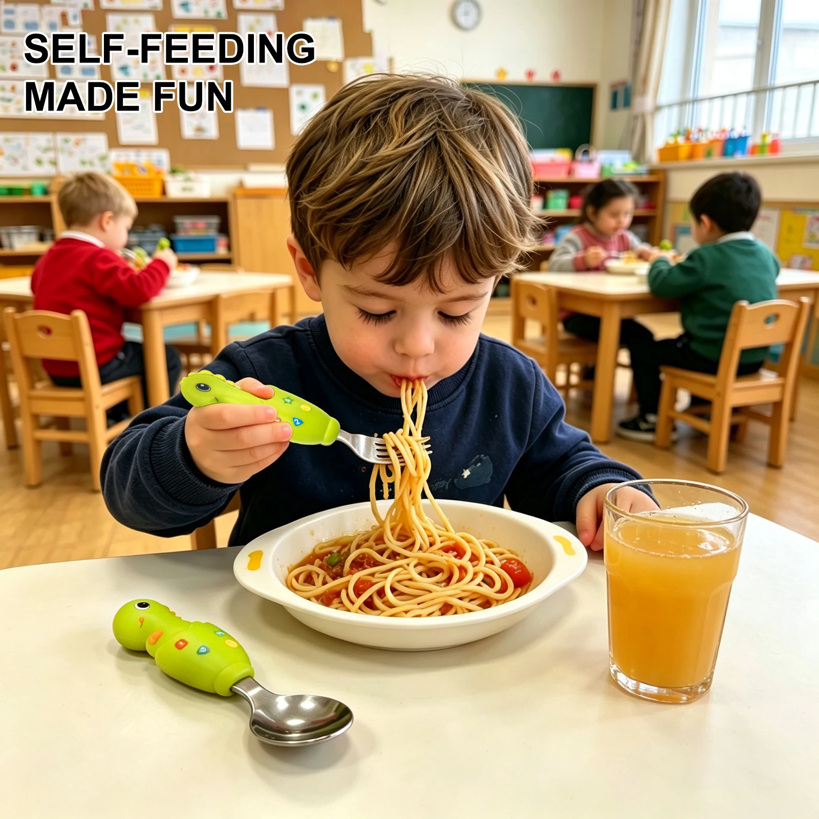 2 pcs Dinosaur-Shaped Children's Metal Cutlery Set With, 304 Stainless Steel Children Safe Forks and Spoons, Dishwasher Safe