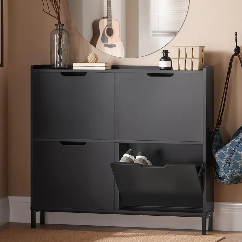 White Shoe Storage Cabinet with Four Drawers, Compact Freestanding Shoe Rack for Entryway, Slim Shoe Organizer, 7.5
