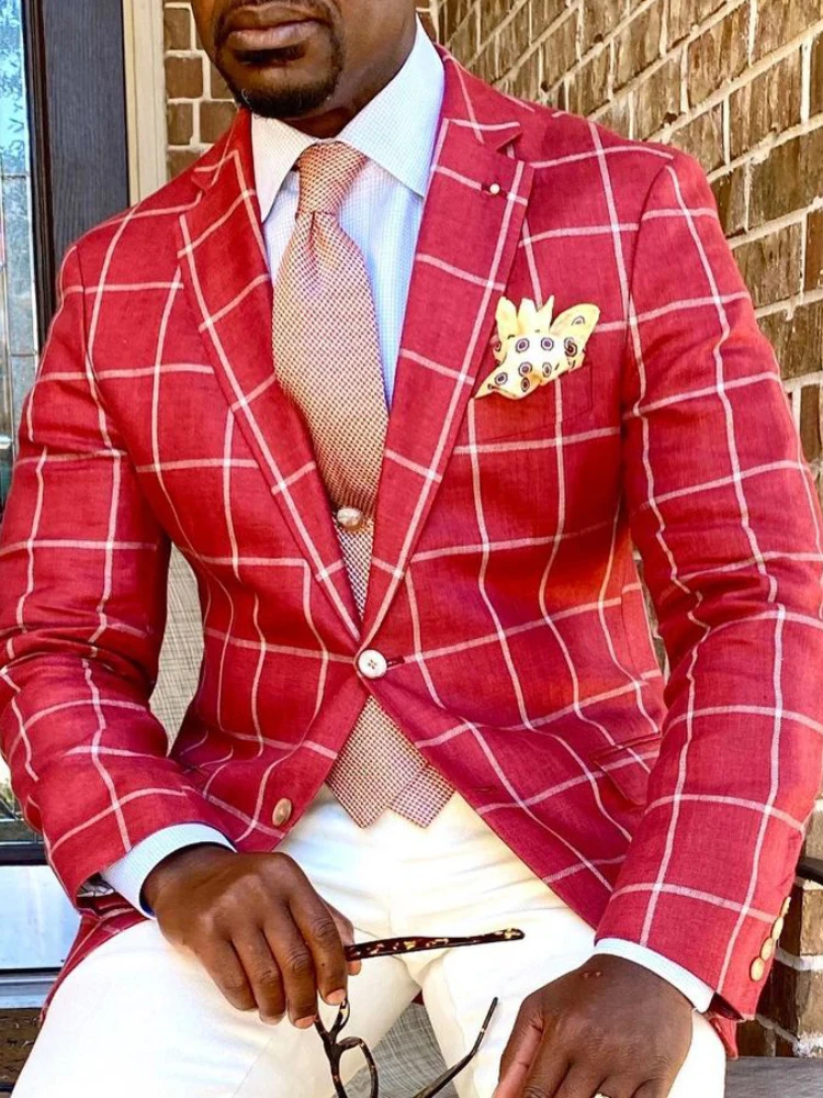 

Men's Red Plaid Blazer Slim Fit Single Breasted Suit Jacket Stylish Party Evening Formal Coat Fashion Casual Office Outerwear