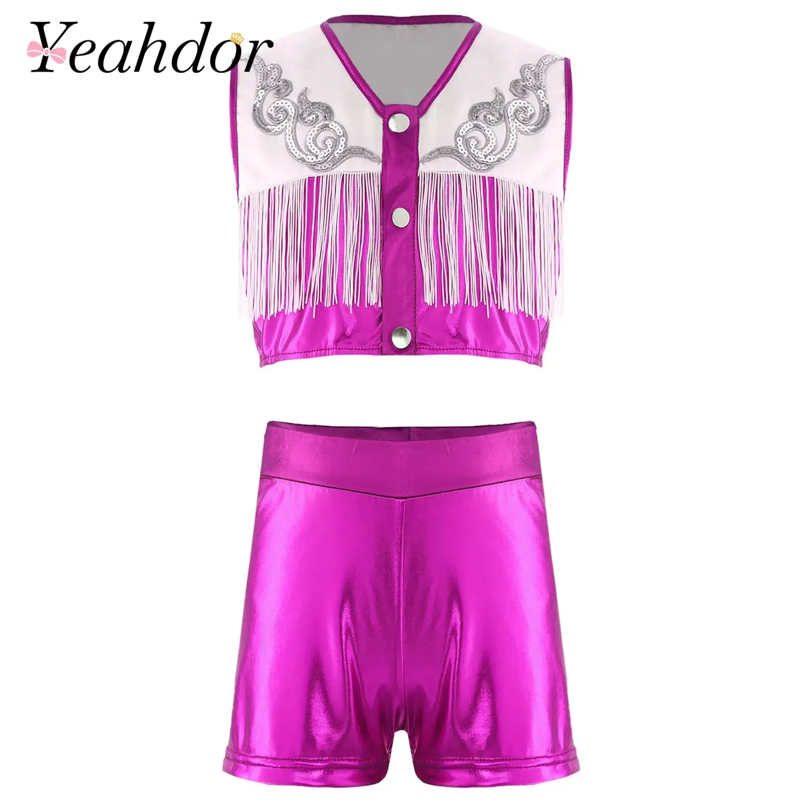 Kids Girls Hippie Western Cowgirls Outfits Cowboy Costumes Sequins Metallic Fringed Set for Fancy Ball Masked Theme Party Wear
