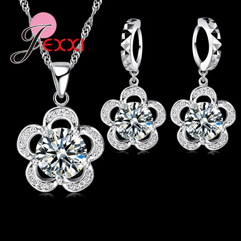 Vintage Antique 925 Sterling Silver Flower Cubic Zirconia Necklace And Earrings Women's Jewelry Sets Anniversary Gift