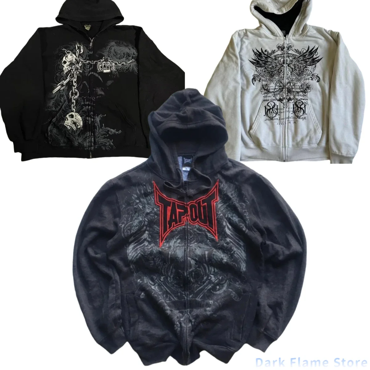 Tapout Zipper Hoodie Y2K Sweatshirt Women Mens Skulls Graphic Print Hip Hop Retro Oversized Hoodie Jacket Clothes Streetwear