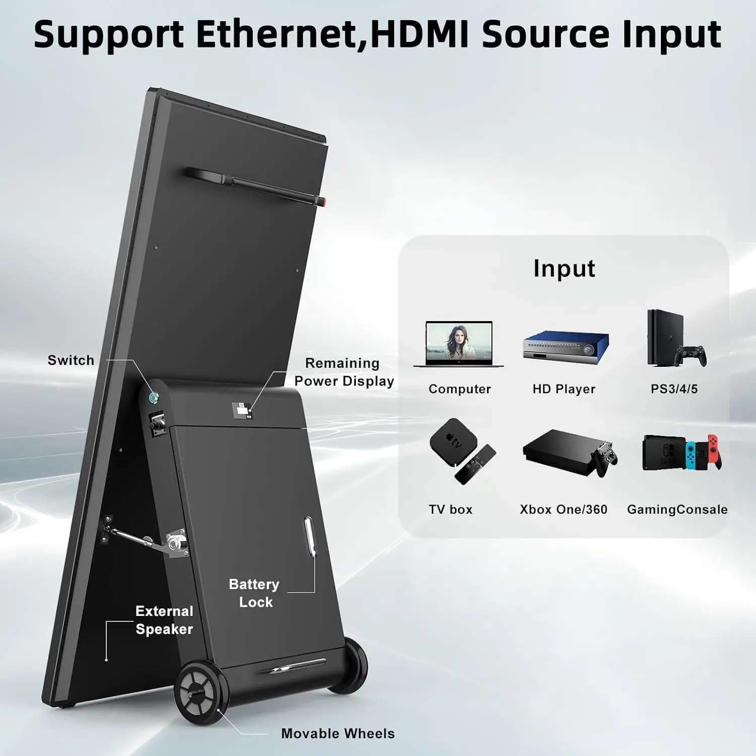 43 Inch Outdoor Digital Signage Display Rechargeable LCD Kiosk Moveable Commercial Totem IP55 Waterproof High Brightness Battery