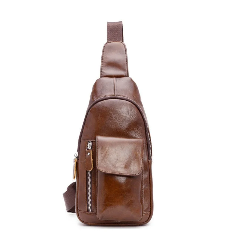 

Vintage Men Genuine Leather Chest Bag Small Brown Male Cow Leather Sling Bag Boys Cowhide Shoulder or Crossbody Bag