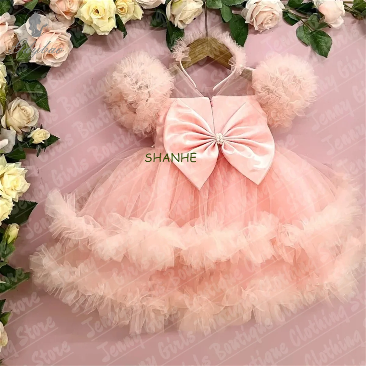 

Beautiful Girl Glitter Pearls Light Yellow Weddings Dresses Tulle Bow Flower Girl Dresses Puffy Short Prom Photography