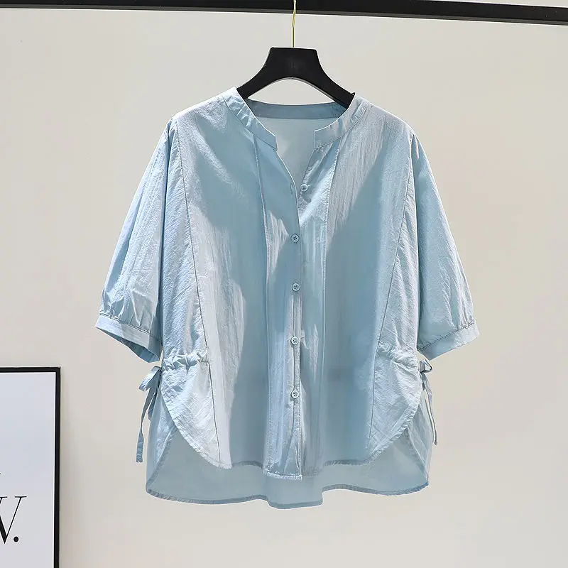 

Spring/Summer Solid V Neck 5/4 Sleeve Shirt Top Women's New Waist Casual Side Split Front Short Back Long Shirt Women