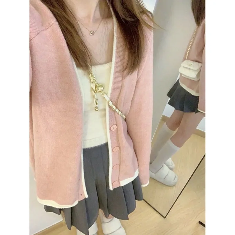 Pink Knitting Cardigan Coat Women Autumn Winter Simplicity Loose Long Sleeve Knitwear Tops Casual All-match Knitting Sweater