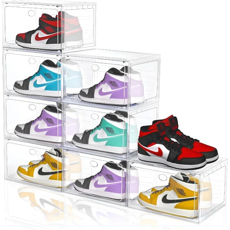 Large Shoe Boxes Clear Plastic Stackable, 8 Pack Drop Side Shoe Storage Boxes with Magnetic Door, Shoe Storage Organizer