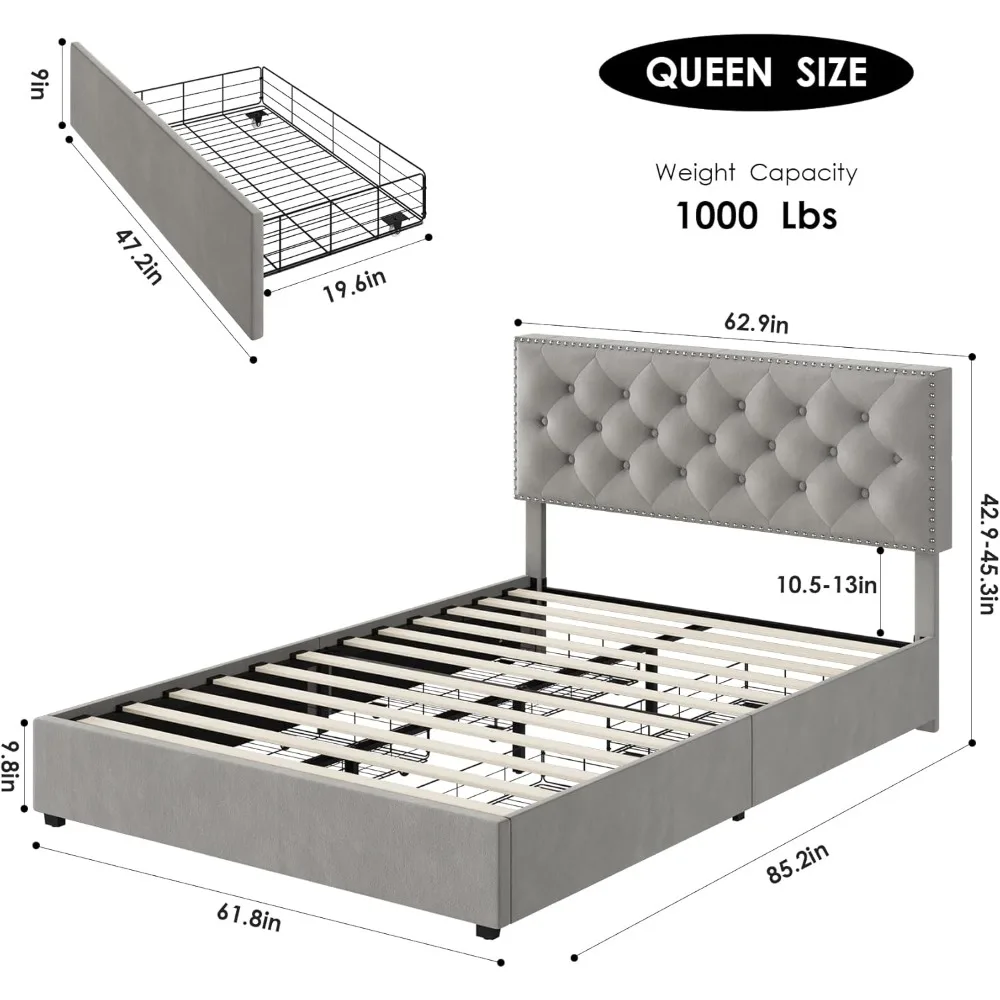 HOSTACK Queensize bedframe met 4 opbergladen, modern gestoffeerd platformbed met verstelbaar hoofdeinde, getuft bed met knopen