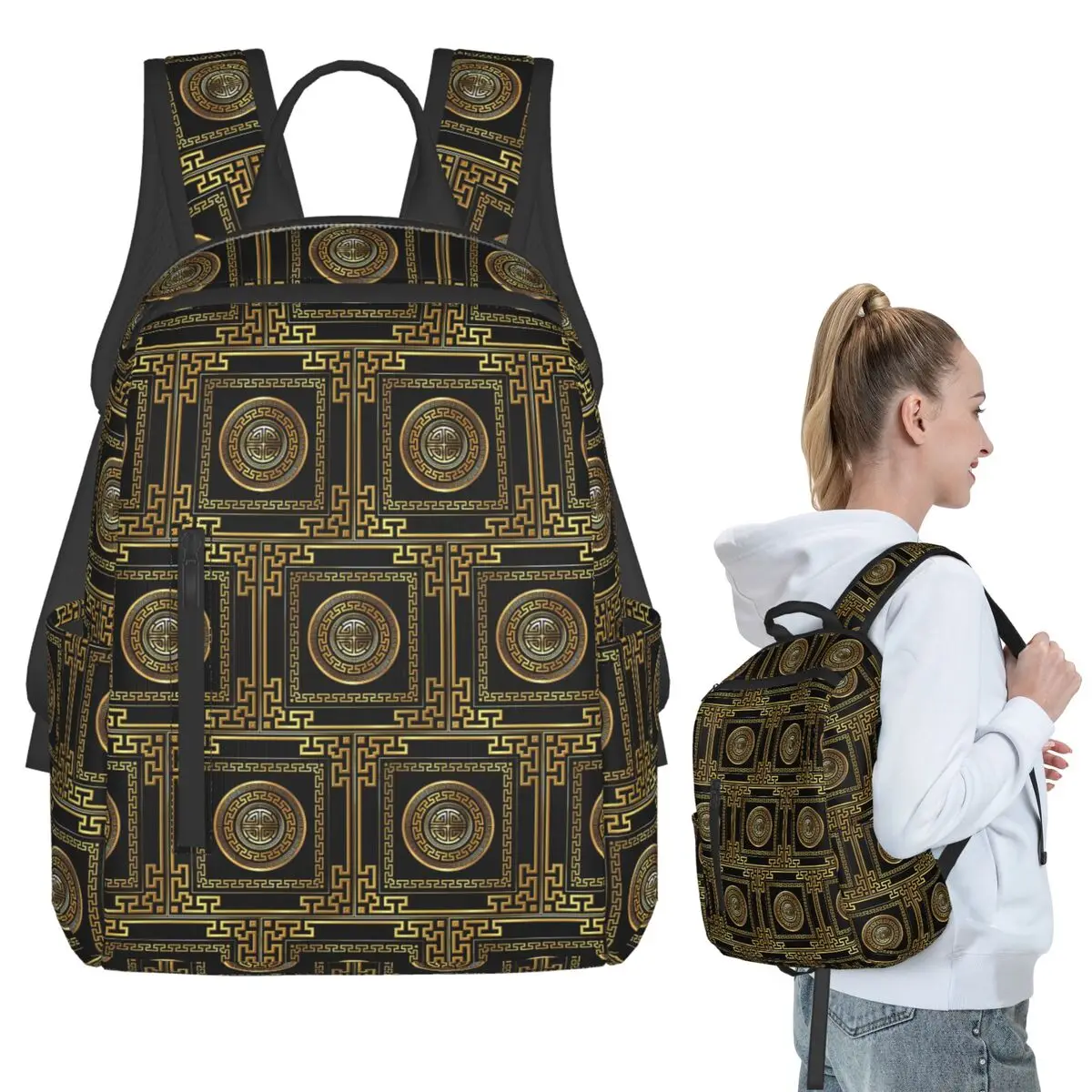 

Greek Key Meander Black Gold Large Backpack Student BookBag Children School Bag Computer Shoulder Bags Boys Girls