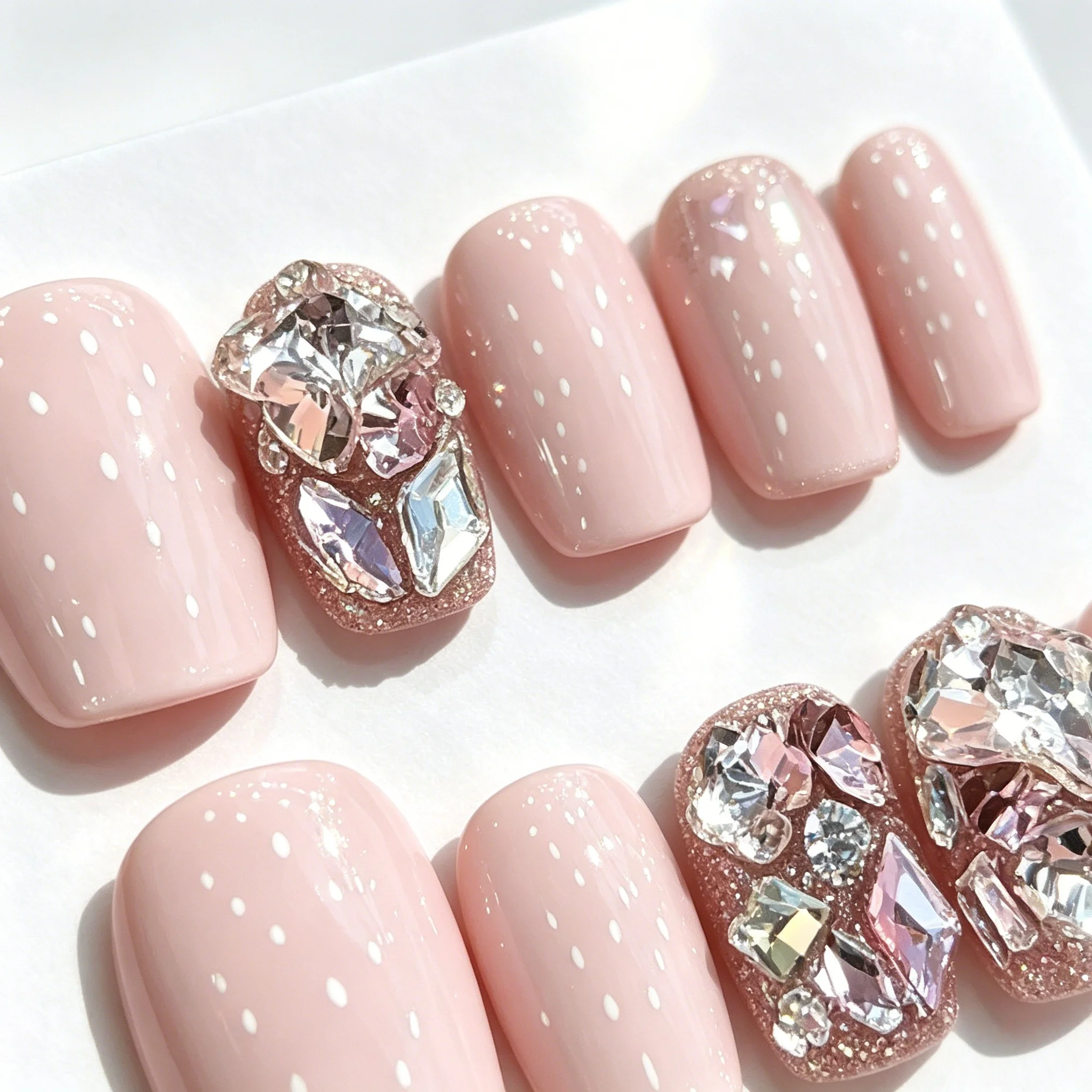 10pcs Baby Pink Handmade Nails White Dots Luxury Rhinestone Press on Nail Short Square False Nail for Women&Girl Fake Nail
