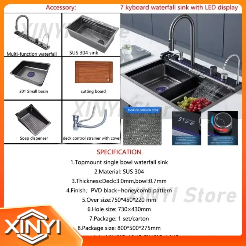 for Smart Stainless Steel Nano Step Dark Grey Sink Kitchen Temperature Display Piano Key Waterfall Kitchen Sink Without