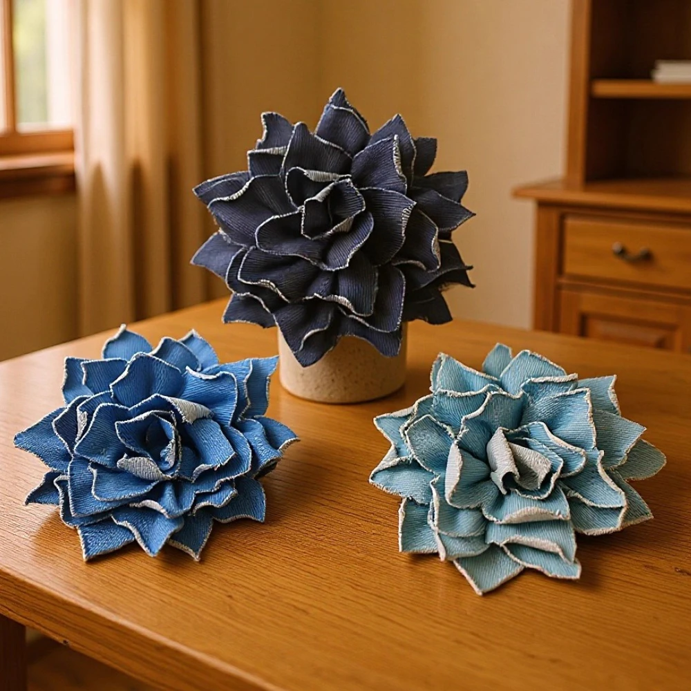 

15cm Denim Camellia Fabric Rose Flower Brooch Pin Fashion Jewelry Accessory Handmade Cloth Art Decorative Lapel Pins for Women