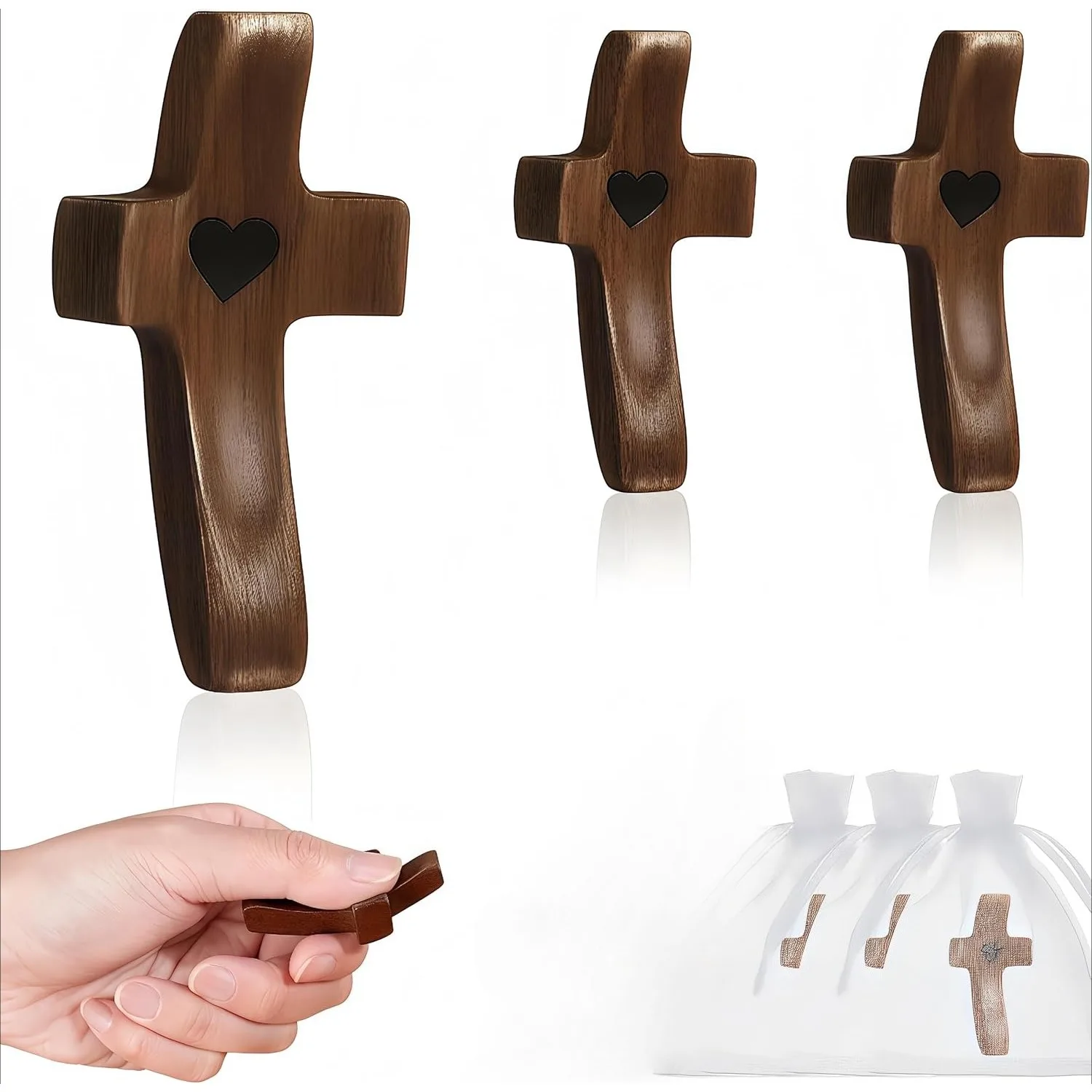 Croix en bois artisanale 3 pièces avec sacs en organza, croix anti-stress « Mon Cœur » pour cadeaux religieux chrétiens de Pâques