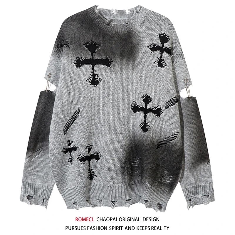 

Loose Men's Knitted Sweater Oversize Cross Hook Flower Hole Head Overhead Lazy Sle Long Sve round Ne Patterned Sweater