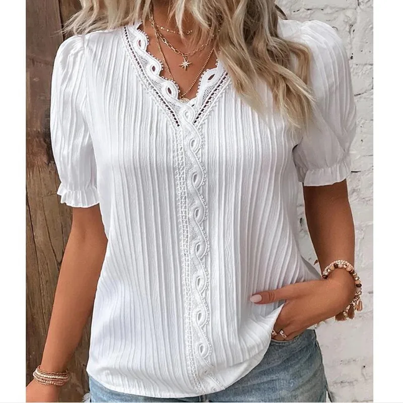 Women's Summer New Top Solid Sexy V-Neck Hollow Short Sleeve Shirt Fashion Splice Plus Size Blouse Loose Street Apparel
