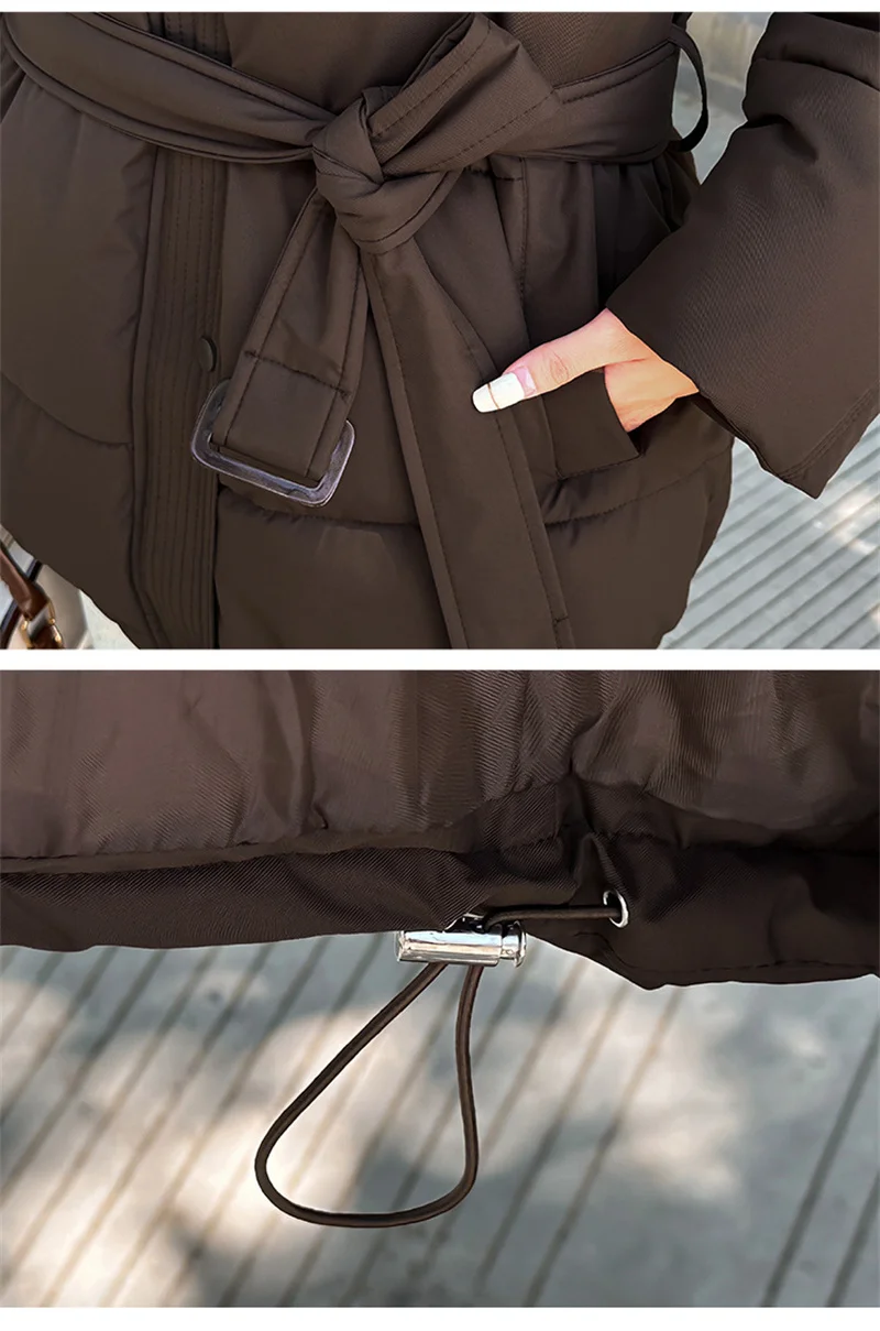 ZAROY Women Winter Hooded Coats Casual Sashes Cotton Parkas Solid Warm All-match Pocket Belted Jacket Outerwears куртка ж