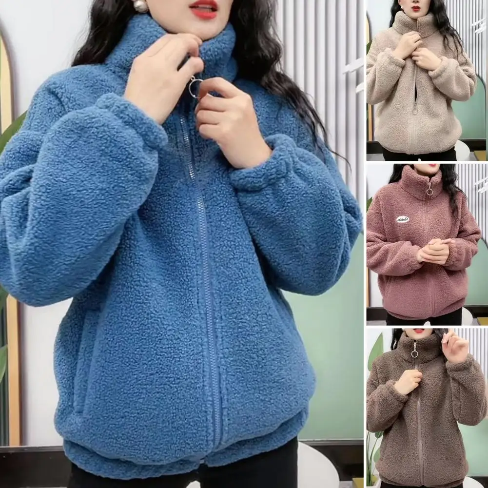 Spring Winter Women Jacket Stand Collar Fleece Zipper Closure Jacket Long Sleeve Solid Color Cardigan Keep Warm Sport Outerwear