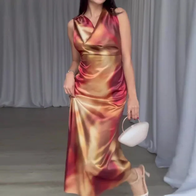 

Dress V-neck satin printed long skirt
